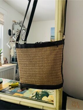 Lord & Taylor Straw Shoulder Bag with Chocolate Brown Leather
 Trim and Strap